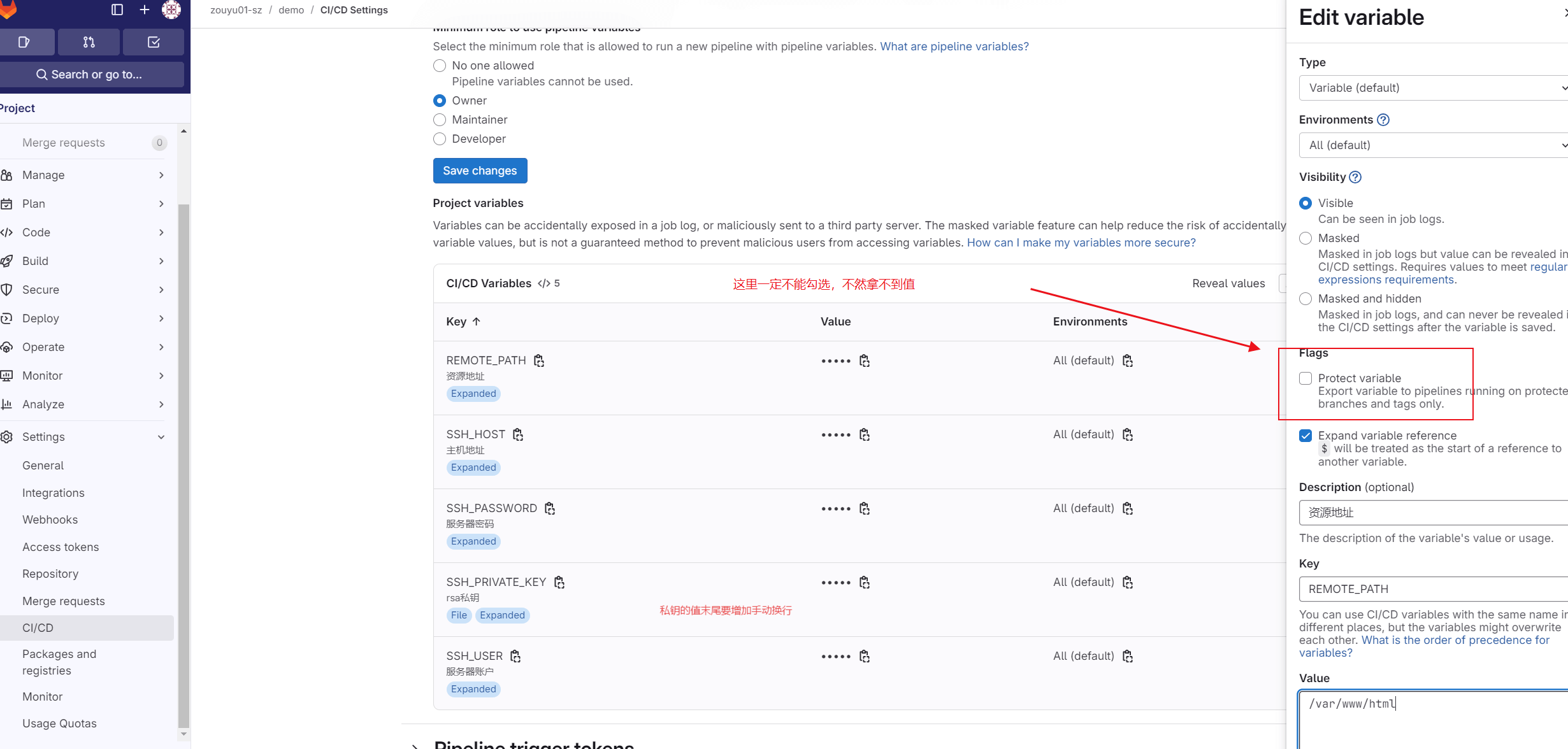 gitlab 环境变量配置CI/CD variables 
